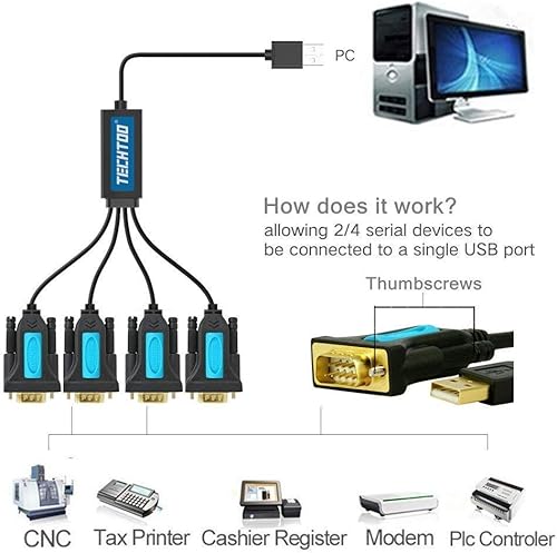 Miniatura 3 de TECHTOO Cable USB a RS232 de 2 puertos USB a RS232, adaptador serial DB9, convertidor de 9 pines macho a macho con tornillos de pulgar (Wtornillos