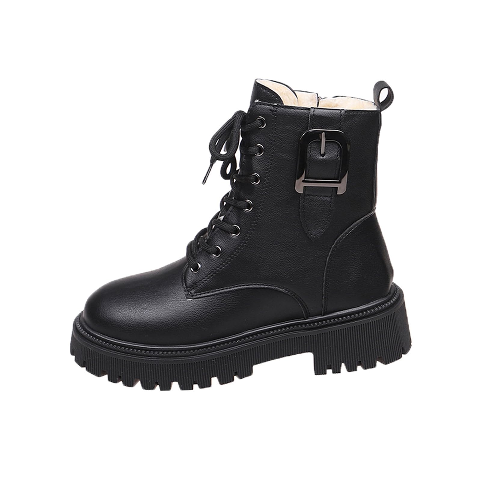 Ladies Winter Fleece-Lined Ankle Boots with Side Zipper and Front Lace-Up Round Toe Thick Sole Low Heel for