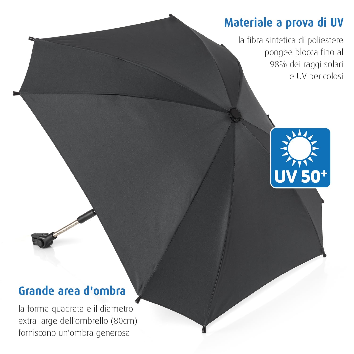 reer ShineSafe - Ombrellone universale per passeggino, girevole e inclinabile, colore: Nero