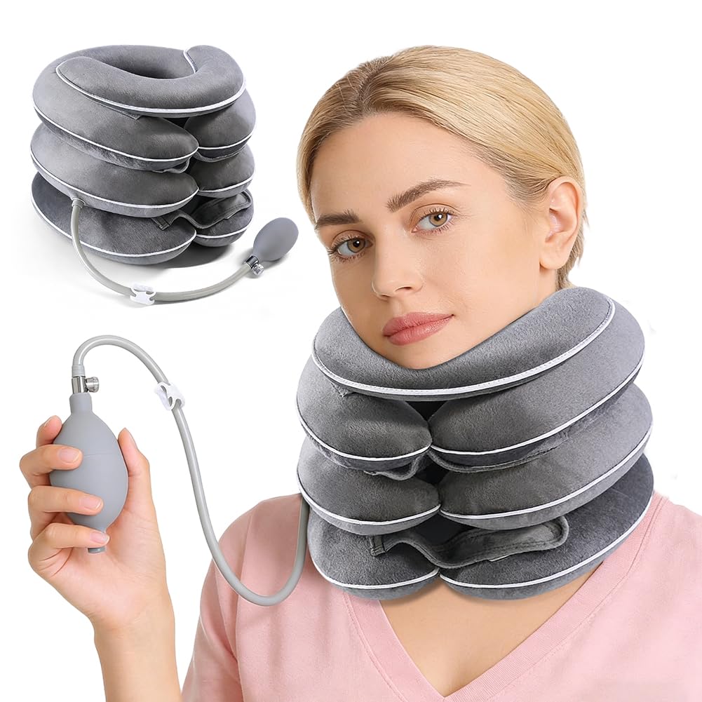 Collare Cervicale Gonfiabile, Cuscino Cervicale Gonfiabile a 3 Strati Estensibili, Collare Ortopedico Rimovibile con Supporto Mento, per Sollievo Dolori Cervicali, Tessuto Traspirante