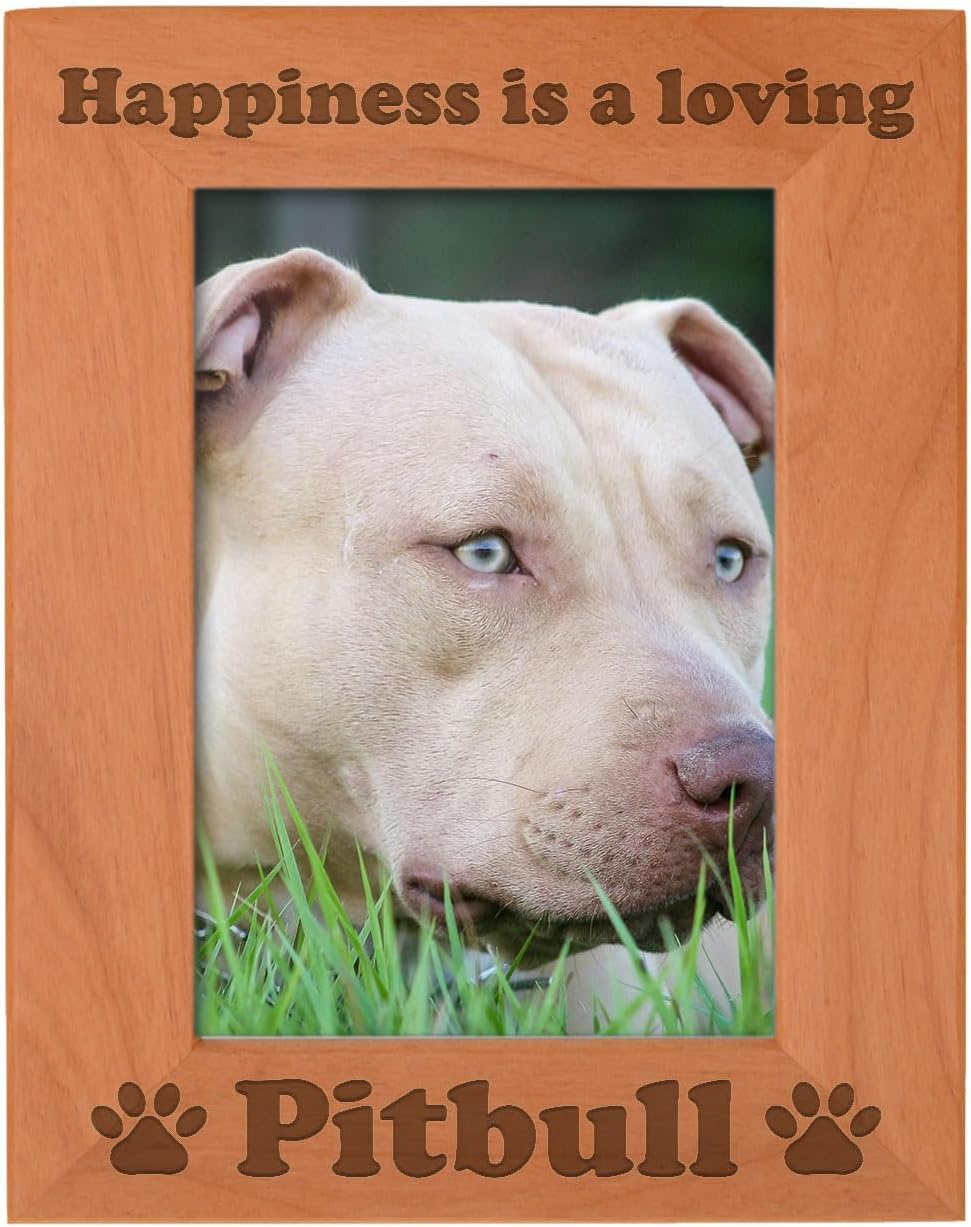 ThisWear Dog Lover Gifts for Women Happiness is a Loving Pitbull Rescue Dog Natural Wood Engraved 4x6 Portrait Picture Frame Wood