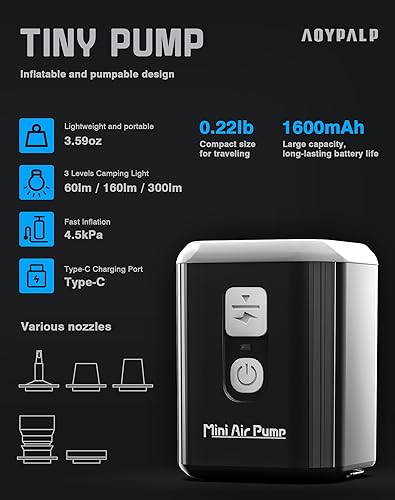 Miniatura 2 de Mini bomba de aire, bomba recargable portátil con batería de 1600 mAh, 5 boquillas, luz de campamento, infladodesinflado rápido para inflables y