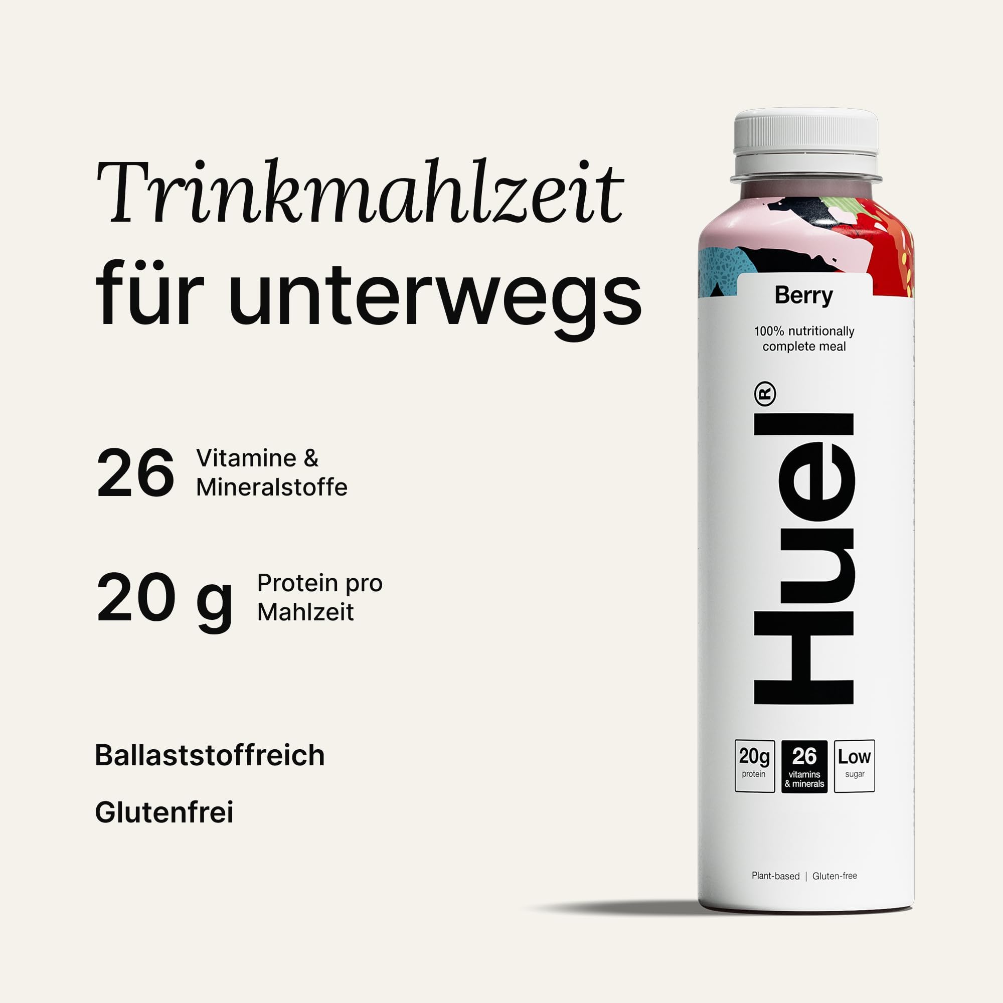 Huel Drink Berry, fertige Trinkmahlzeit für unterwegs - 8 x 500 ml - 20 g Protein, Reich an Vitaminen, Mineralstoffen & Ballaststoffen, Plant-based, Geschmack Beere, inkl. 2 € Pfand