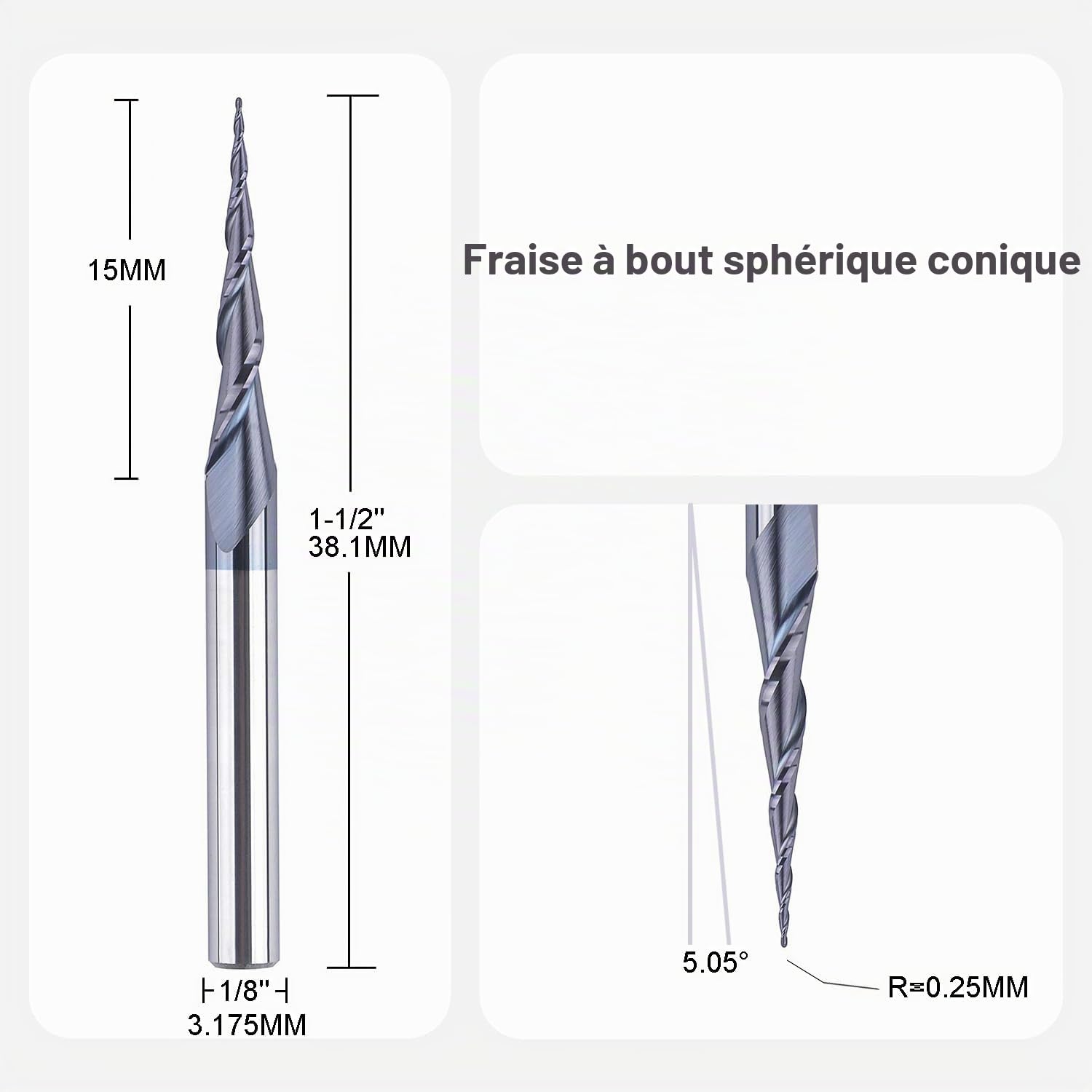 SpeTool Fraise Conique Fraise Defonceuse 3.175 mm(1/8'') Shank Rayon de 0,25mm Fraise CNC en Carbure de Tungstène 5,05 Degrés avec Revêtement TiAIN pour la Gravure Sculpture Travail du Bois