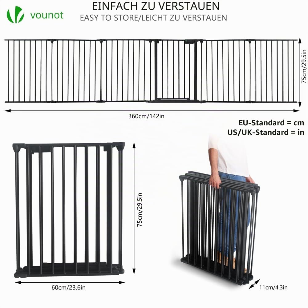 VOUNOT Kaminschutzgitter 360cm Metall, Türschutzgitter für Kinder-Sicherung, Absperrgitter Hund, Ofenschutzgitter Faltbar, 6 Elemente inkl. Sicherheitstür, mit Montagesatz, Schwarz