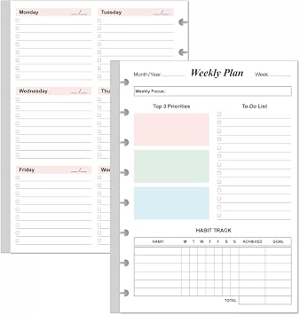 Weekly Planner Undated Refills - Junior Size 53 Sheets/106 Pages Colorful Weekly Planner for 8-Disc Discbound, 100 gsm White Paper, Lasts 1 Year, Undated, 5.8" x 8.3"