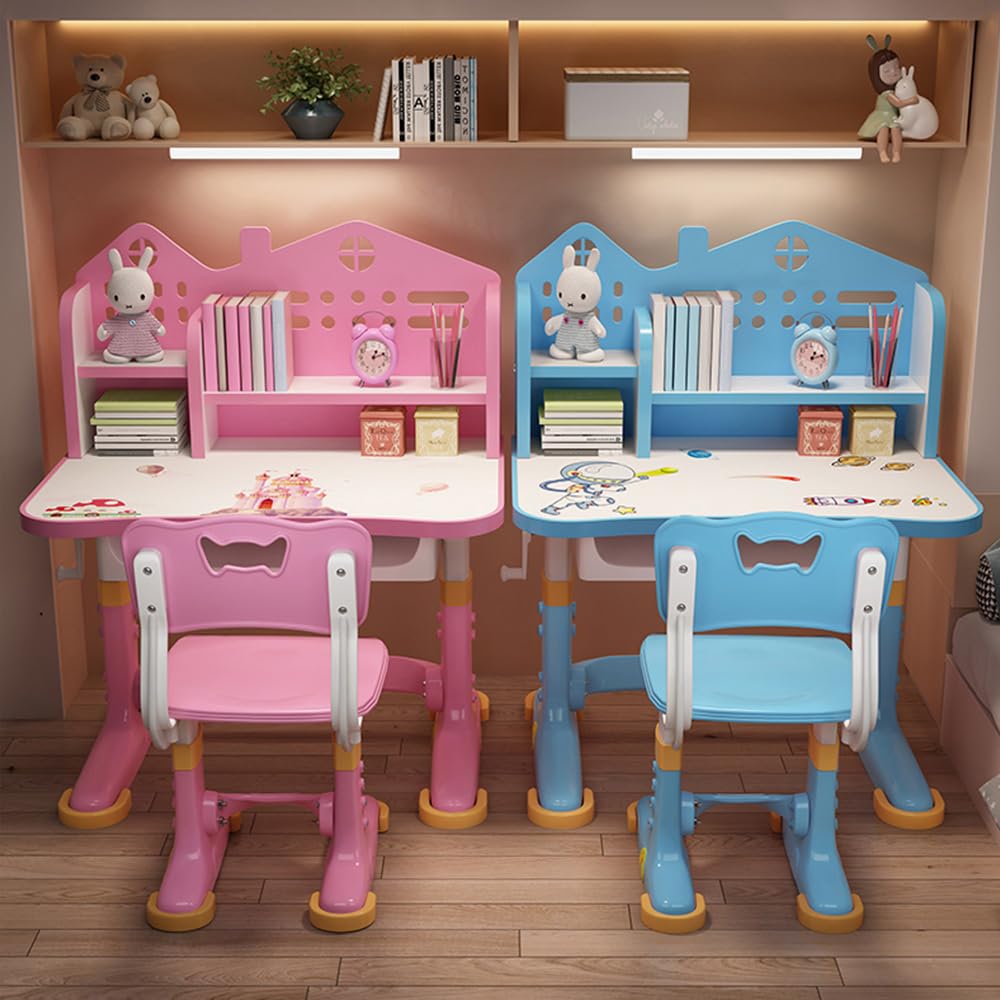 Kinder-Schreibtisch- und Stuhl-Set, höhenverstellbar, Kinderstudiertisch mit Schublade, Bücherregal, Kindersitztisch für Jungen, Mädchen, Schule, Zuhause, Arbeitszimmer (Space Blue)