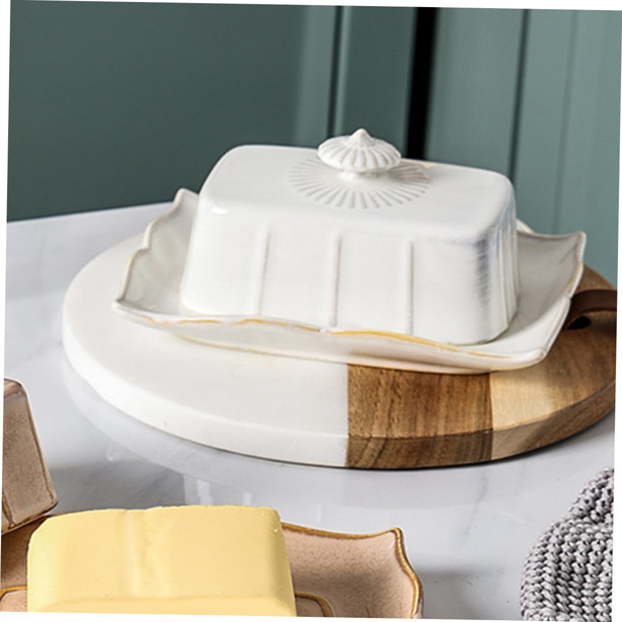 Beurrier en Céramique Blanc Couvercle, 1 Set pour Rangement