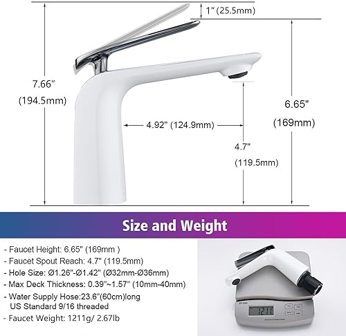 Miniatura 6 de TOCALOCA Grifo de lavabo de baño cromado blanco y pulido, grifo mezclador de agua fría y caliente, grifo de lavabo de una sola palanca