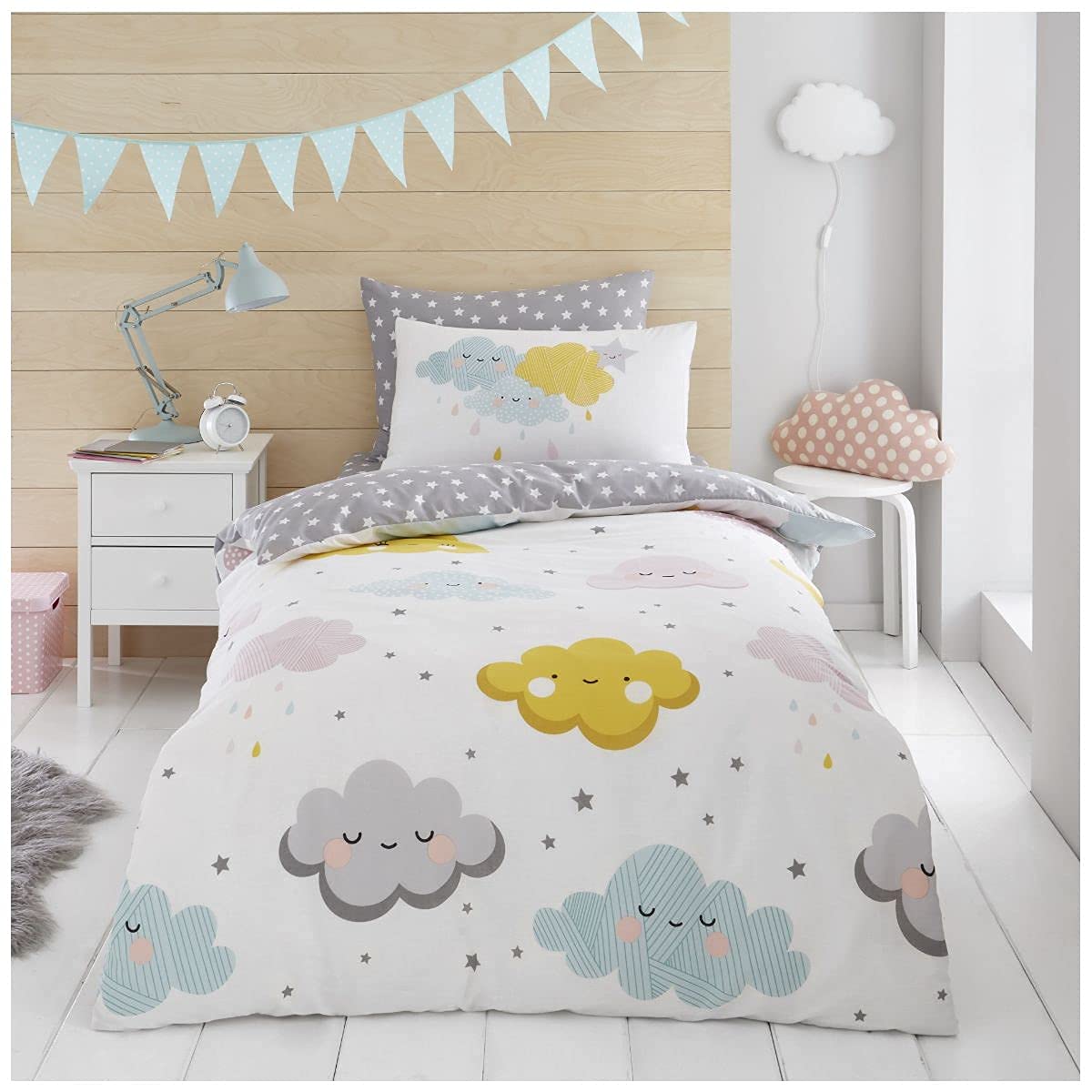 Fairwayuk Boys Happy Clouds Single Duvet Cover Set, Reversible Quilt, Kids Bedding Set With Pillow Case, Poly-Cotton, Easy Care, 137X200cm