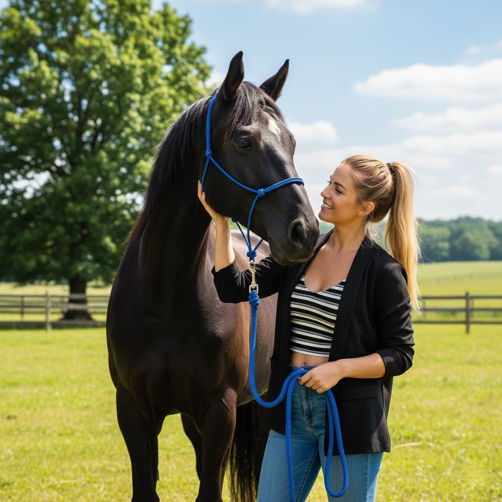 Rope Horse Halter, Braided Training Halter with Hand-Knotted Design, Multiple Sizes for Yearling, Small, Mule & Standard Horses, Lightweight Metal-Free Control Halter