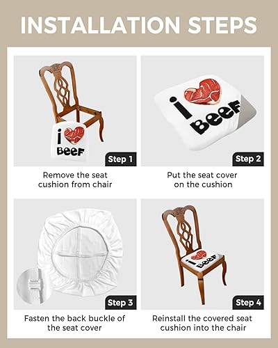 Miniatura 4 de Chair Seat Covers,I Love Beef Heart Kitchen Decoration Stretch Removable Seat Covers for Dining Chairs,Soft Dining Room Seat Cover Set of 4