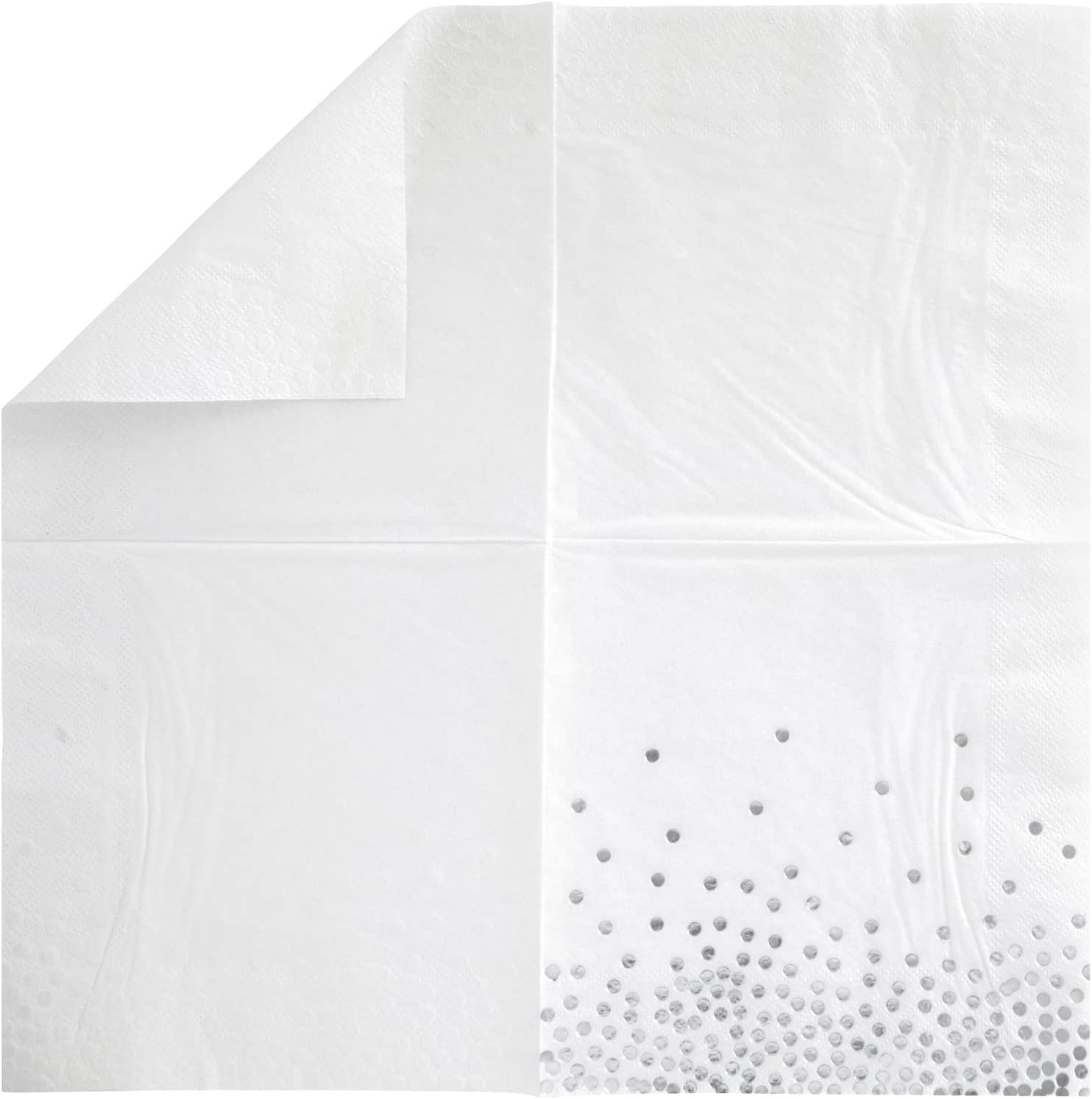 50-Pack White and Silver Paper Napkins for Wedding Reception, Foil Polka Dots for Birthday Party Decorations and Holiday Parties, Bridal Shower (3-Ply, 6.5 x 6.5 In)