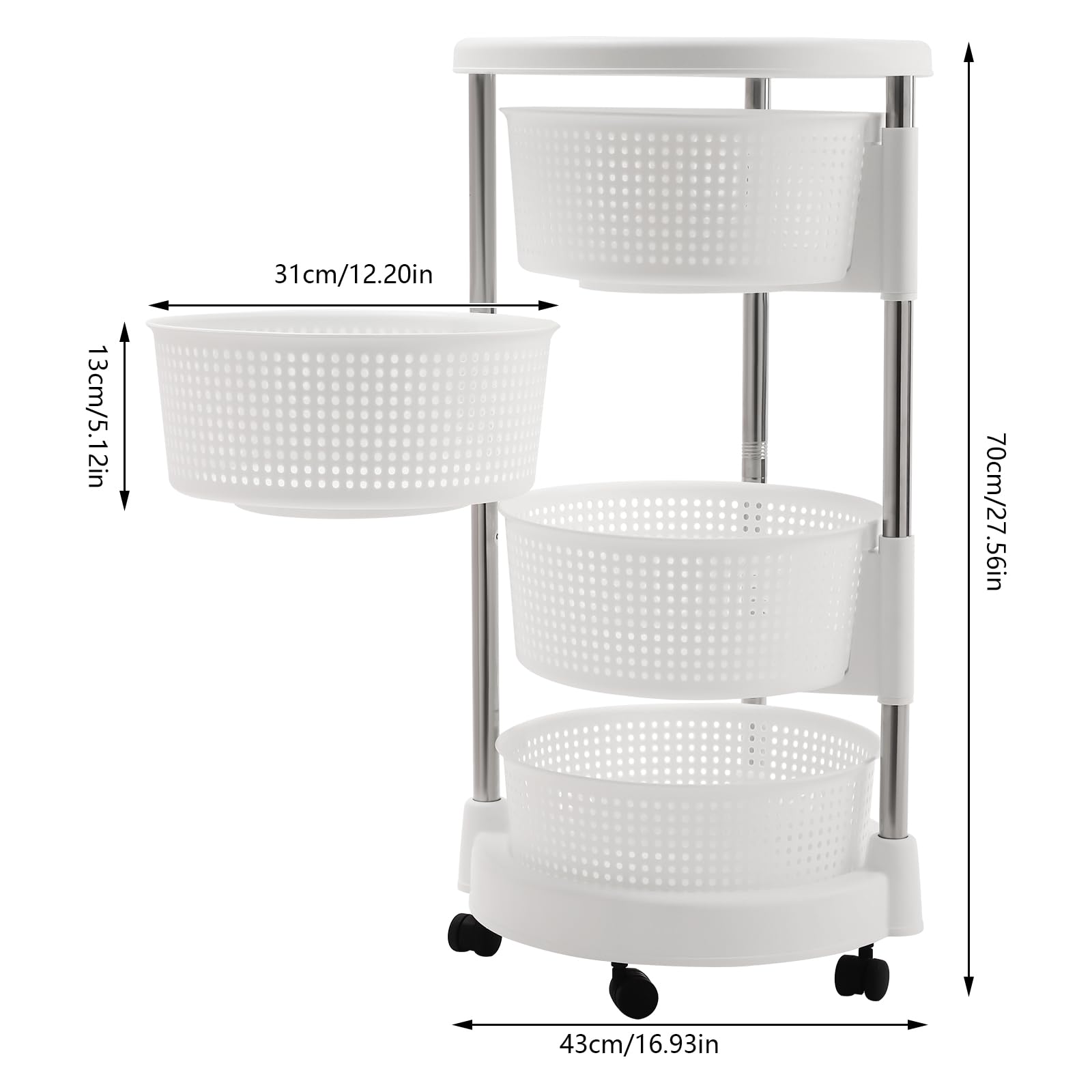 Carrello da cucina mobile a 4 livelli, cestino girevole a 360°, 5 ruote per mobilità, per cucina e campeggio, con cesti a rete incassati