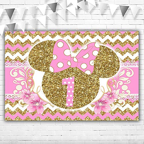 YouRan Minnie Mouse Backdrop for 1st Birthday 5x3ft Pink and Gold Minnie Mouse Background for Girl Vinyl Minnie Mouse Theme 1st Birthday Party Decorations