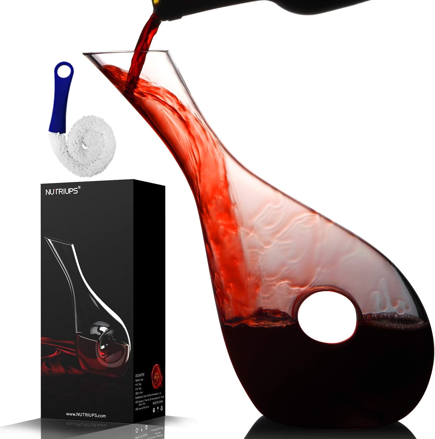 NUTRIUPS 1.2L Wine Decanter, Crystal Red Wine Carafe, Lead-Free, Hand Blown, Hollow Circle Shape Decanter Wine