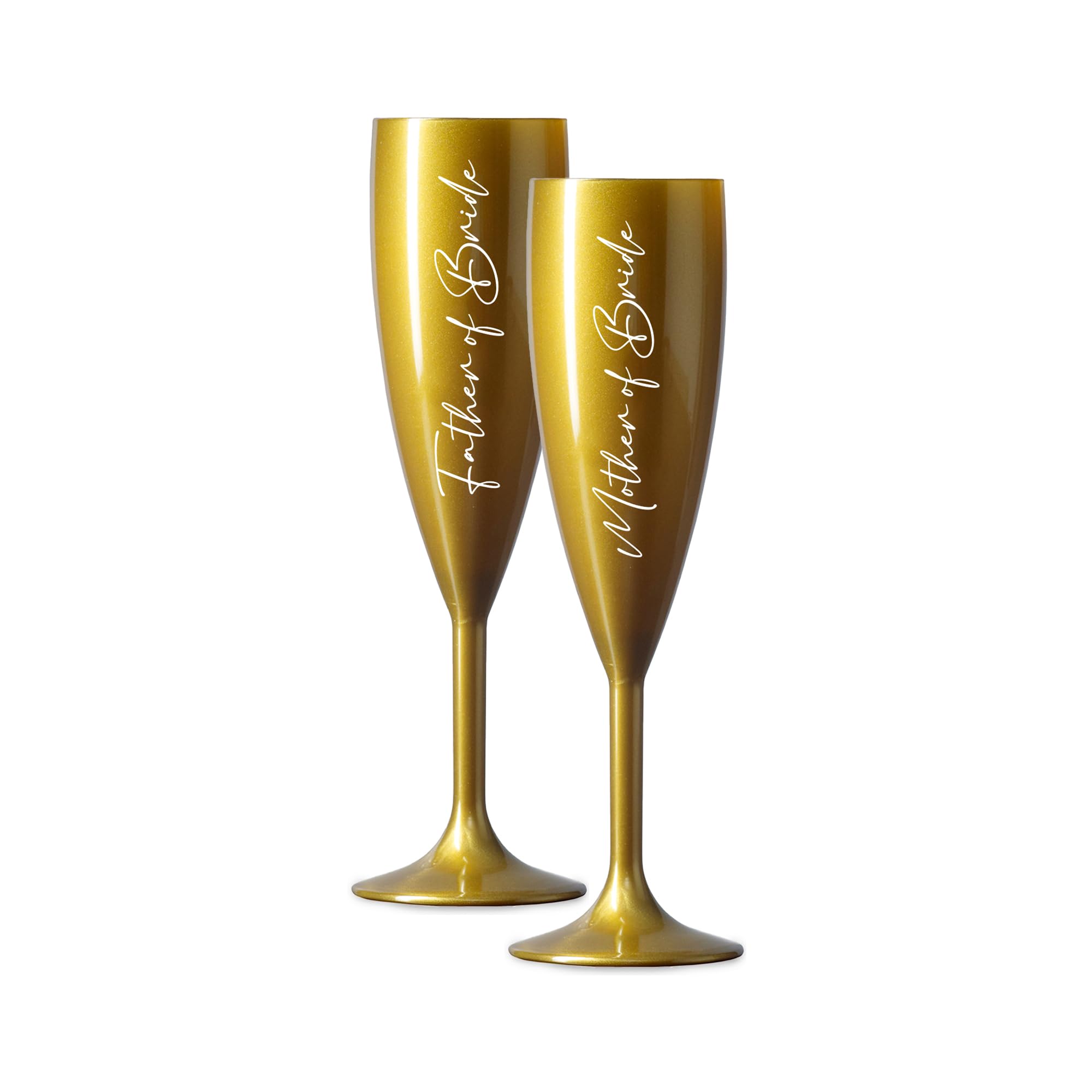 Print Maniacs Champagne Premium Gold Flute Glass Bride Groom Mr Mrs Wedding Maid Honour Wine Cocktail Prosecco Celebrations Gift (White, Father + Mother of Bride Set)
