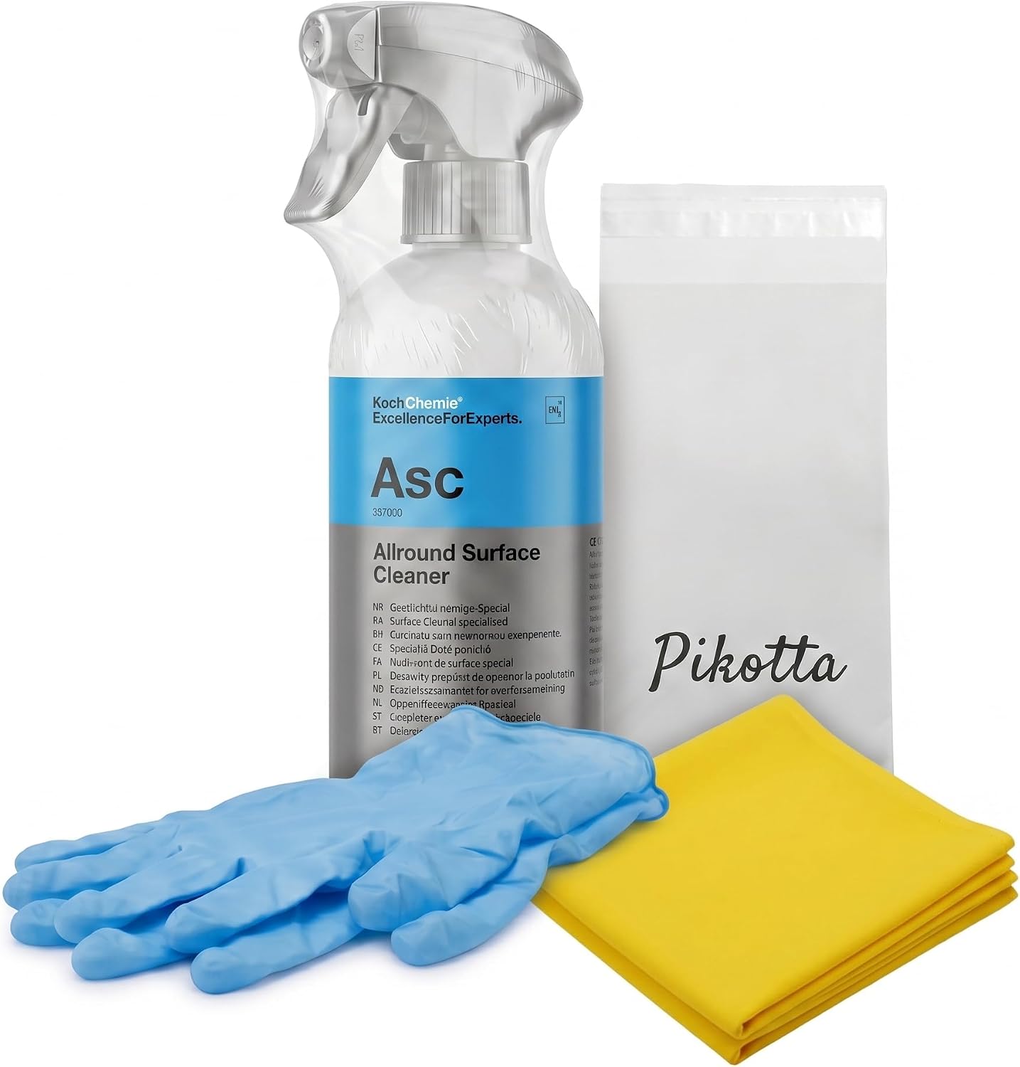 Koch Chemie Asc All-Around Surface Cleaner, 16.9 fl oz 500 ml, 3-Piece Set, Microfiber Cloth, Nitrile Gloves Included, Car Cleaning, All-Purpose Cleaner, Weak Alkaline, Disinfectant, Made in Germany