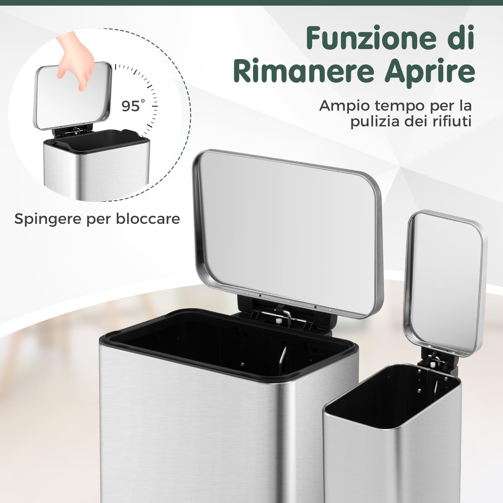 RELAX4LIFE Pattumiera Differenziata 2 Cestini 40L + 6L, Cestino Spazzatura in Acciaio Inox con Secchi Interni Rimovibili, Pedale a Mani Libere, Coperchio a Chiusura Morbida che Rimane Aperto