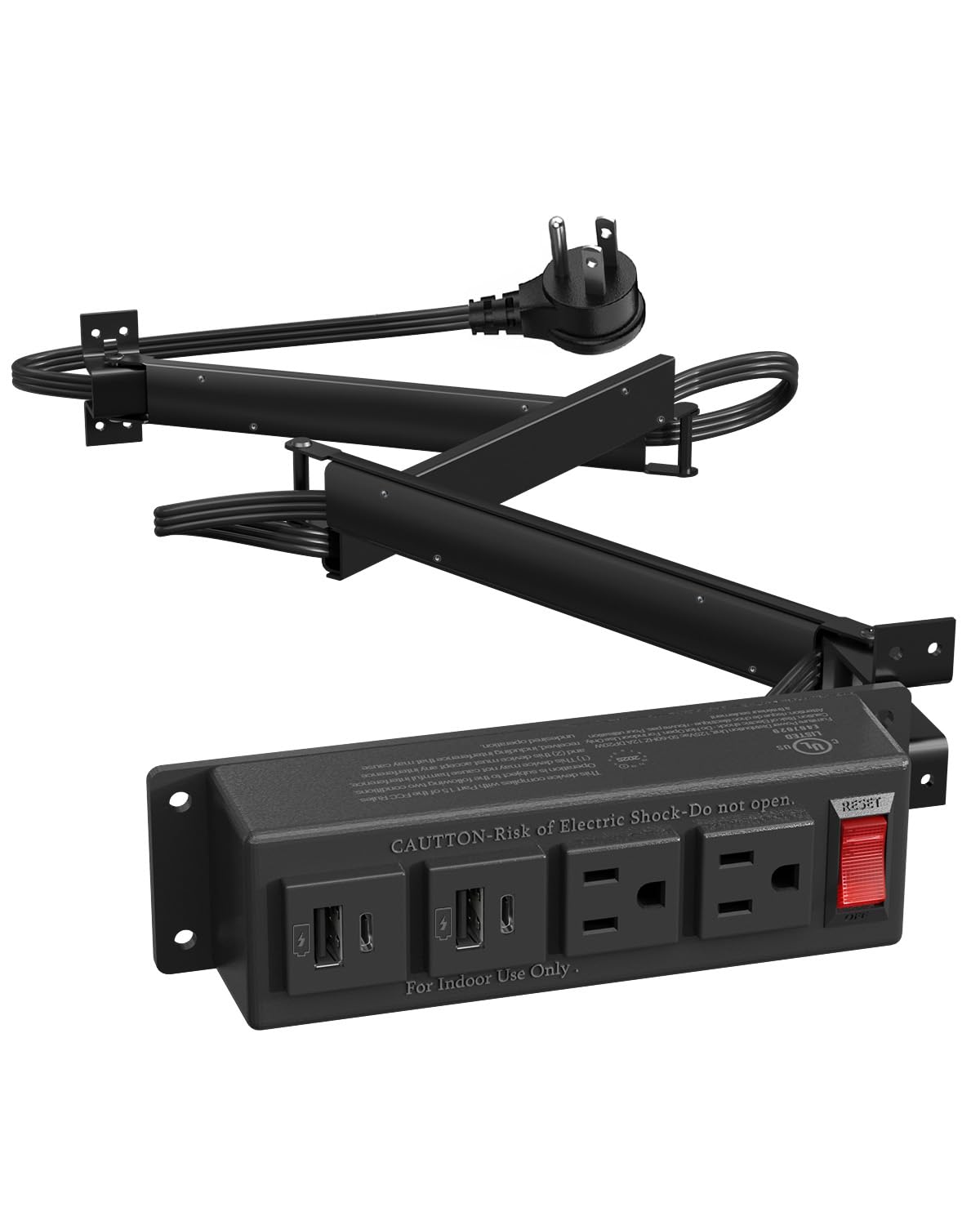 JACEPFY Drawer Outlet with USB-C 20W PD Fast Charging, Flush-Mount Cabinet Power Station, Heavy-Duty Cable, Adjustable Metal Cord Arm (Black)