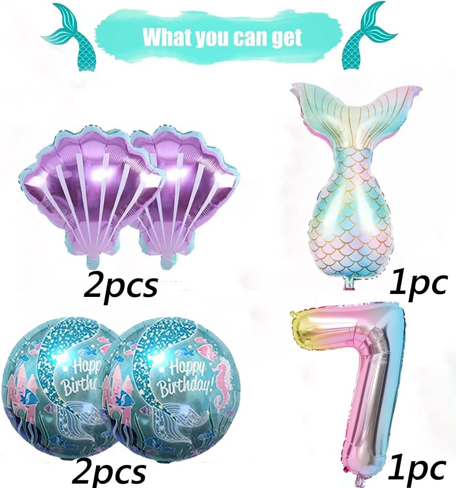 Mermaid Birthday Decoration Kit with Balloons & Foil Mermaid Tail Balloons for Girls' Party (Number 7) - Image 2
