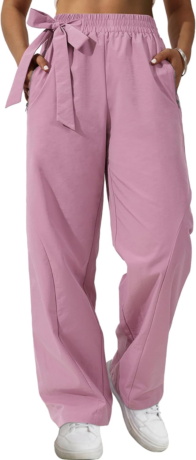 Women's Wide Leg Pants Y2K Trendy Elastic Waist Track Pants Baggy Tie Knot Trousers with Zipper Pockets Streetwear Casual