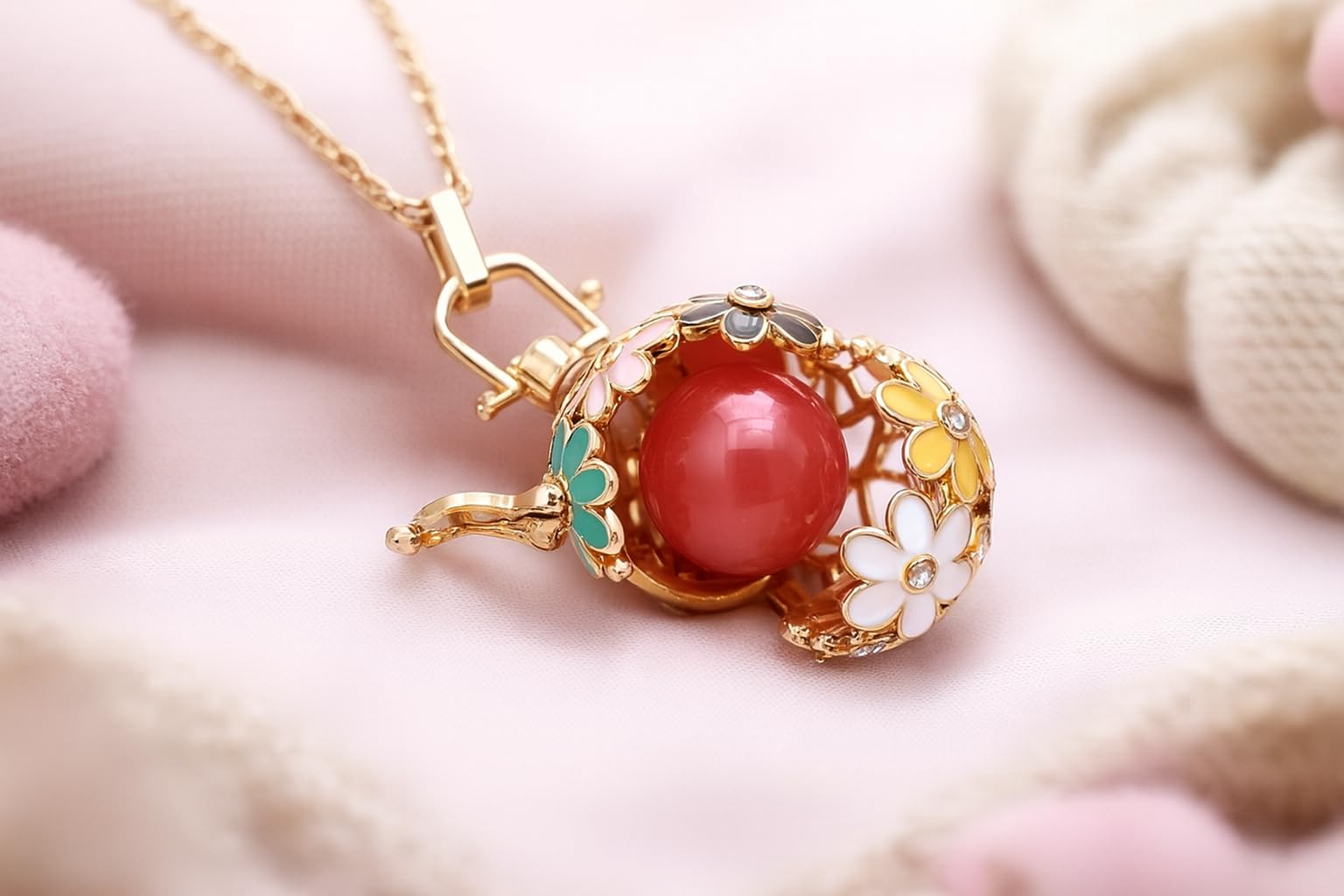 Bola de Grossesse en Acier Inoxydable Doré avec Pierre Naturelle Quartz Fraise | Bijou de maternité musical et personnalisable | Chaîne 105 cm | Boule interchangeable 16 mm