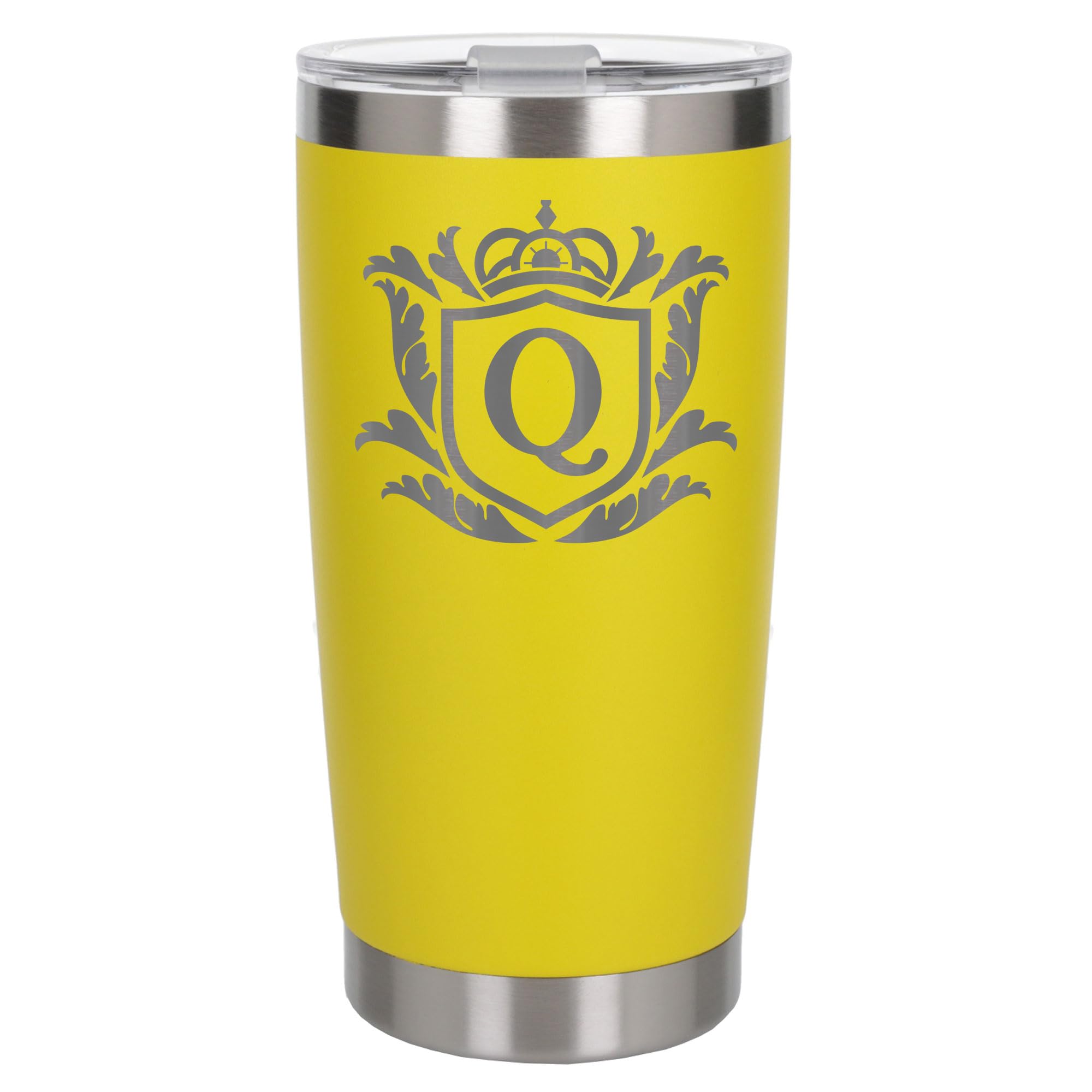 Customised Gifts 500ml Engraved Shield Initial Monogram Insulated Personalised Yellow Travel Mug for Men and Women - Personalised Initial Coffee Travel Mug for Hot and Cold Beverages, Letter Q