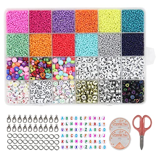 LanM Epoch 12110 Pcs Glass Clay Beadsï¼Œ12 Colors Glass Seed Beads Kit with 350 Alphabet Beads ,100 Numeric Beads ,150 Loving Beads and 2 Roll Elastic Strings for DIY Jewelry Making Bracelets .(2mmï¼‰
