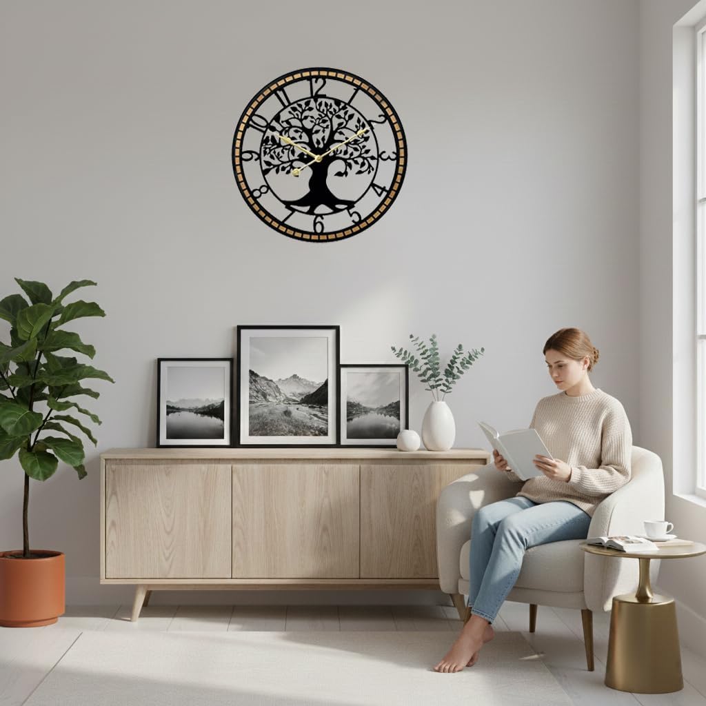 Large Wall Clock for Living Room Decor 24 Inch Tree of Life Metal Wall Art, Non-Ticking Battery Operated Metal Black with Solid Wood Frame for Office/Bedroom/Kitchen/Dining Room Decoration