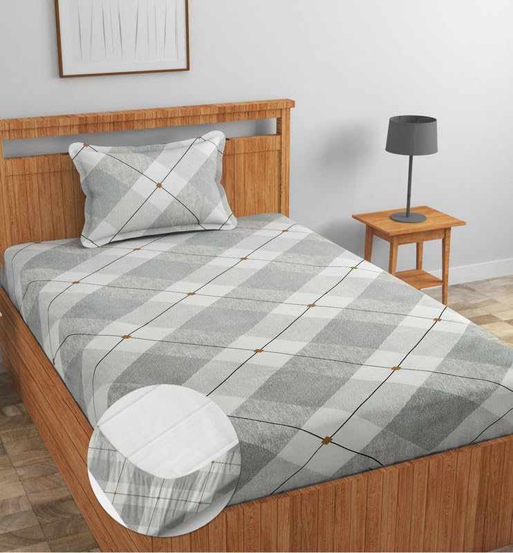 Image of NEW LEAF Premium Cotton Elastic Fitted Bedsheets with 1 Pillow Covers |Solid or Plain Single Bed Elastic 220 TC Supersoft Breathable & Wrinklefree | for 72x36+6 Inches, White & Grey