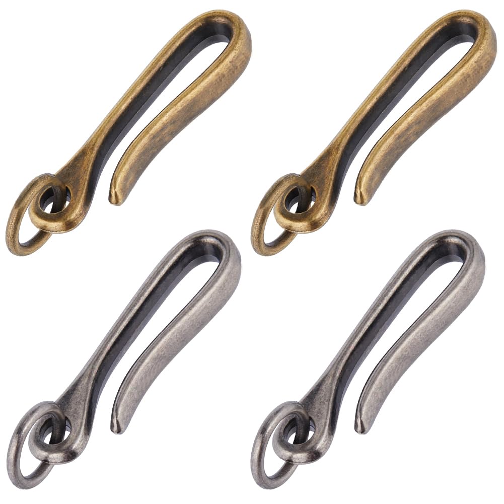 CRASPIRE 4Pcs 2 Colors U Shape Hook Keychain Japanese Fish Hook Key Chain Brass Solid Keychain Antique Silver Bronze Key Buckle Belt Wallet Holder Belt Clip for Women Men Wallet Badge