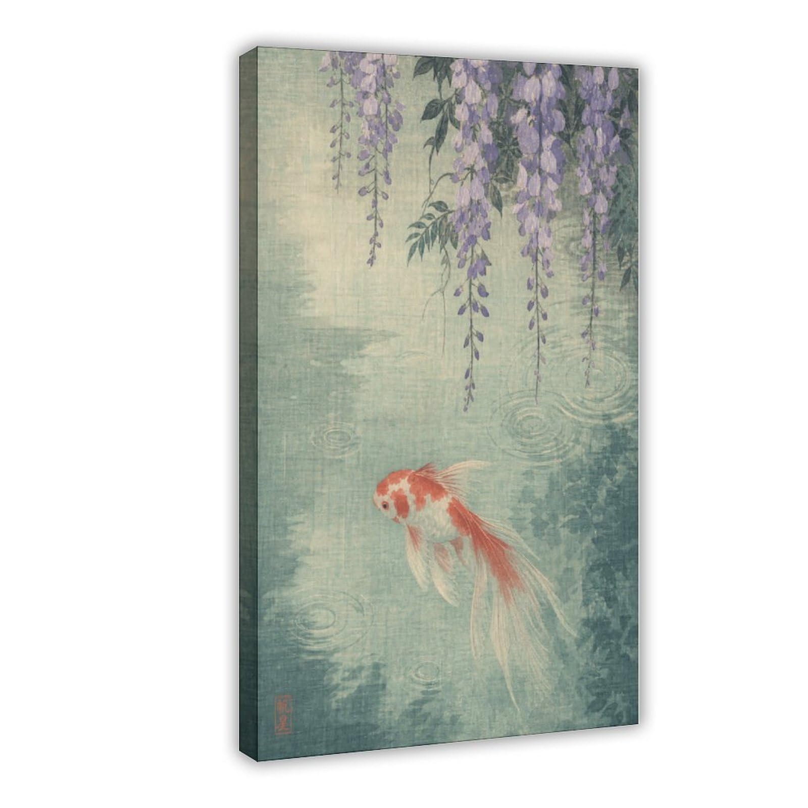 W7c8u2x3 Frame-Style Red White Koi Fish Canvas Wall Art, Japanese Woodblock Hallway
