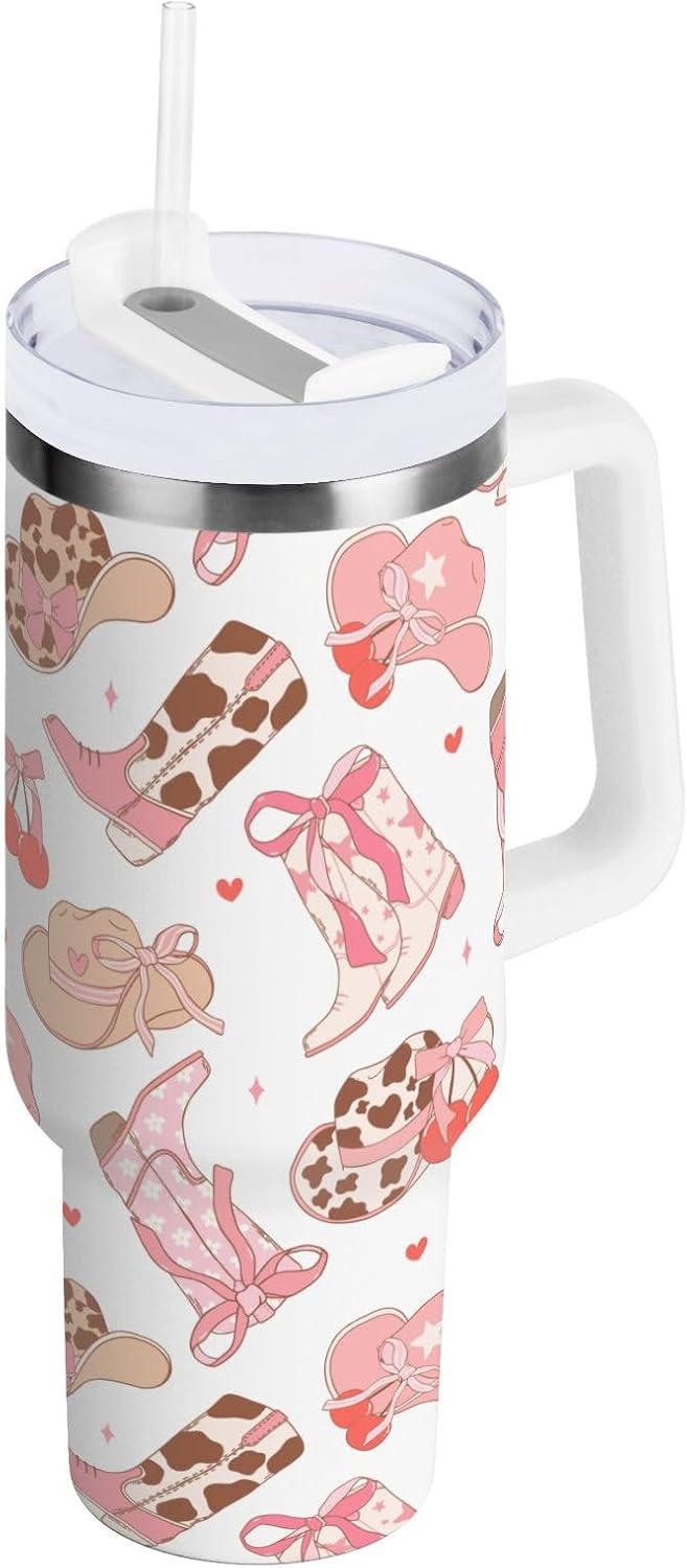 30 oz Tumbler Western Pink Cowgirl Boots Hat Insulated Travel Mug Stainless Steel Vacuum with Handle and Straw Lid Coffee Cup Tea Water Bottles for Sports Work Car Travel Hot Cold Drink