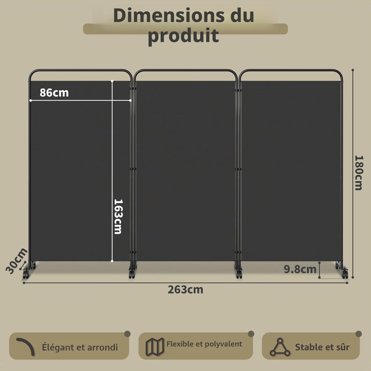 Paravent sur roulettes 3 pièces Anthracite 263 x 180 cm