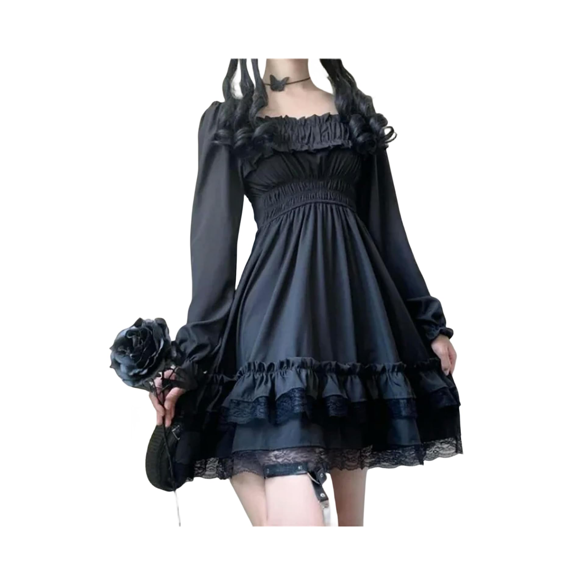 Japanese Lolita Style Women Princess Black Mini Dress Slash Neck High Waist Gothic Dress Puff Sleeve Lace Ruffles Party Dresses