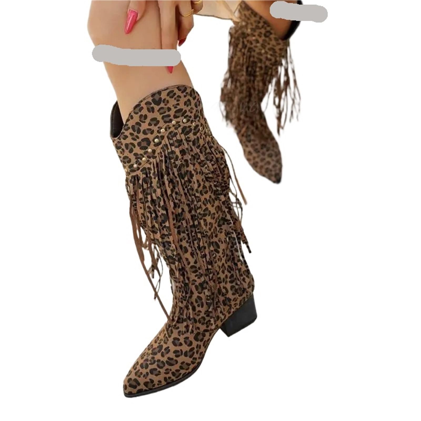 Stivali Texani Donna Stivali da equitazione western con frange Stivaletti al ginocchio alla moda donna tacco alto a punta autunnale cowgirl
