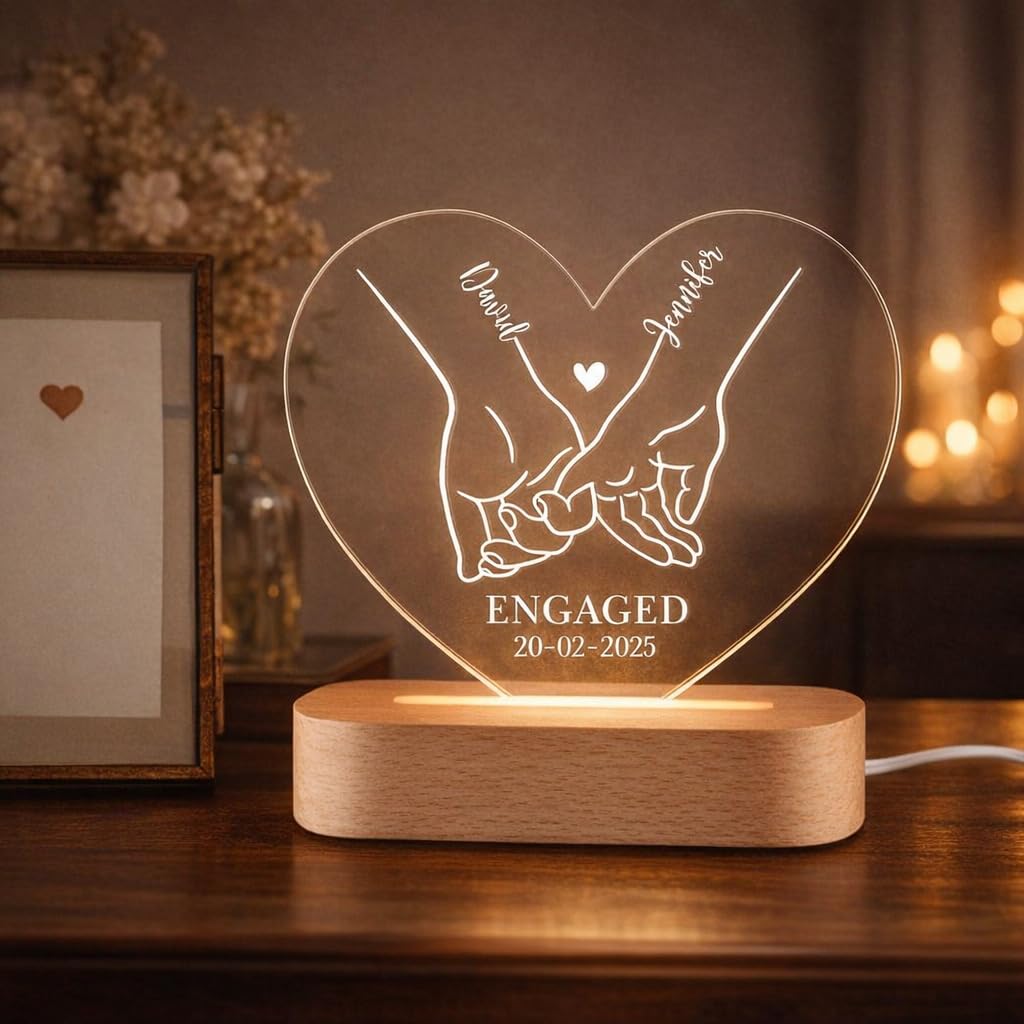 Personalized “ENGAGED” Couple Holding Hands LED Night Lamp | 3D Illusion Custom Name & Date Heart-Shaped Acrylic LED Table Lamp with Wooden Base | Engagement & Valentine’s Gift for Couples, Home Décor-image-34