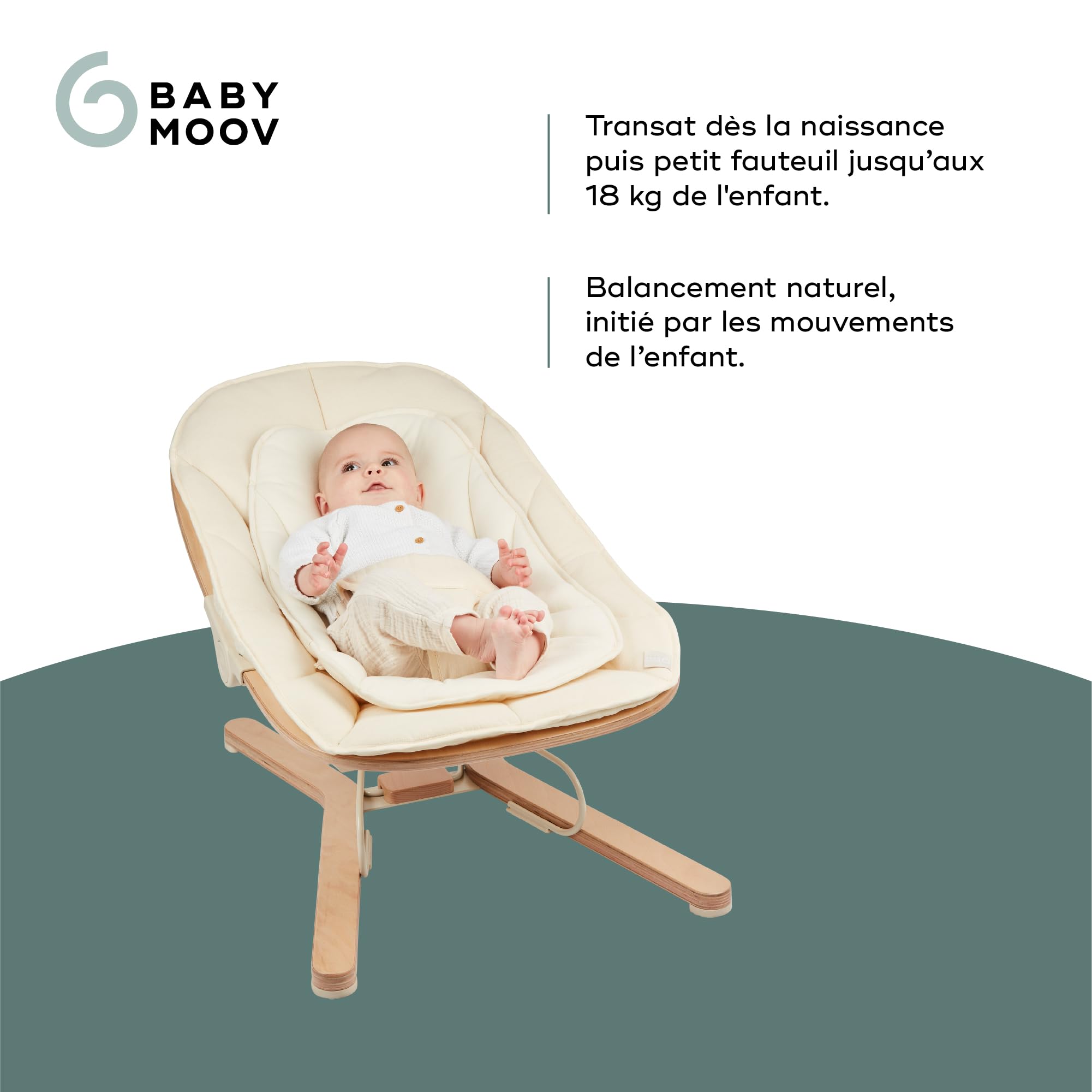 Babymoov Transat Bébé Bois Swoon Flow - Dès la Naissance - Évolutif en Fauteuil Enfant Jusqu'à 18kg - Balancement Naturel - 3 Positions Dossier - Coton Bio & Bois FSC