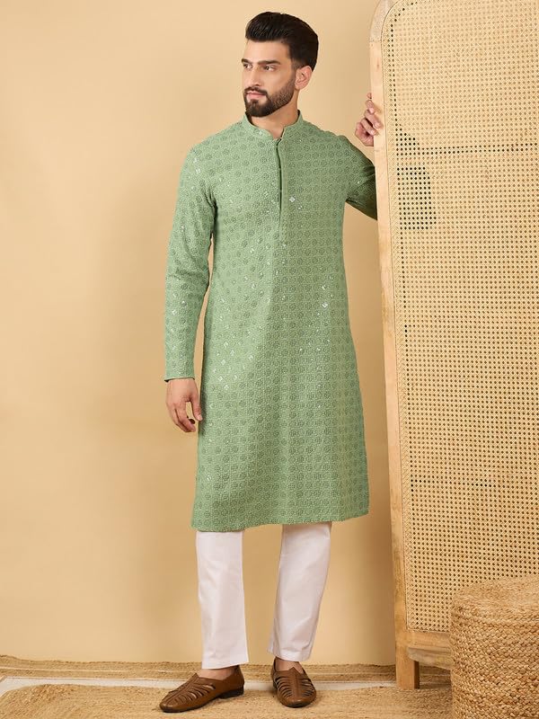 Image of Men's Solid Embroidered Long Straight Kurta | Men's Kurta | Embroidered Chikankari Kurta for Men | Straight Fit Kurta for Men
