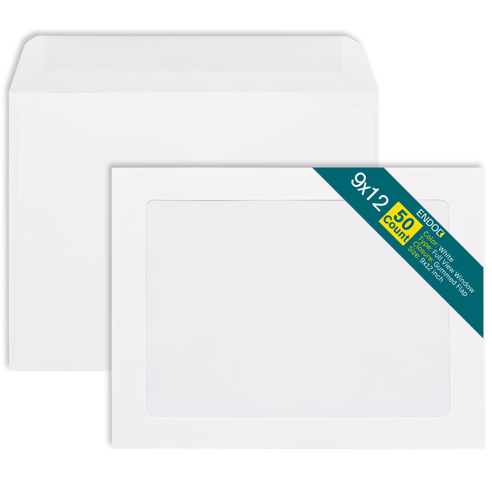 EnDoc 9x12 Full Face Window Envelopes - 28lb Paper. Bright White 9 x 12 Inches Envelope, With a nice Clear Full window - 50 Pack