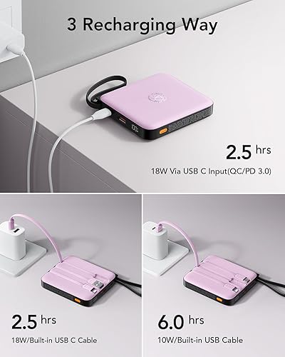 Miniatura 8 de VRURC Cargador portátil con cable incorporado, banco de energía de 10000 mAh, batería USB C de carga rápida de 22.5 WPD20 W para iPhone 16, 15, 14,