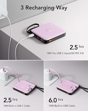 VRURC Portable Charger 10000mAh Battery Pack, Cell Phone Power Bank-Purple | Built-in Cables,22.5W Fast Charging,Slim,Travel Essentials,Airline-Approved,for iPhone 17/16/15 Series, Samsung Android