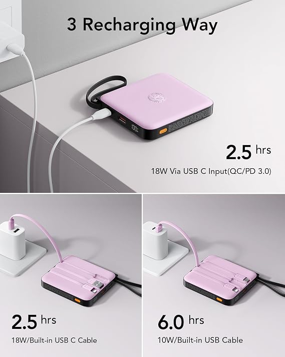 VRURC Portable Charger 10000mAh Battery Pack, Cell Phone Power Bank-Purple | Built-in Cables,22.5W Fast Charging,Slim,Travel Essentials,Airline-Approved,for iPhone 17/16/15 Series, Samsung Android