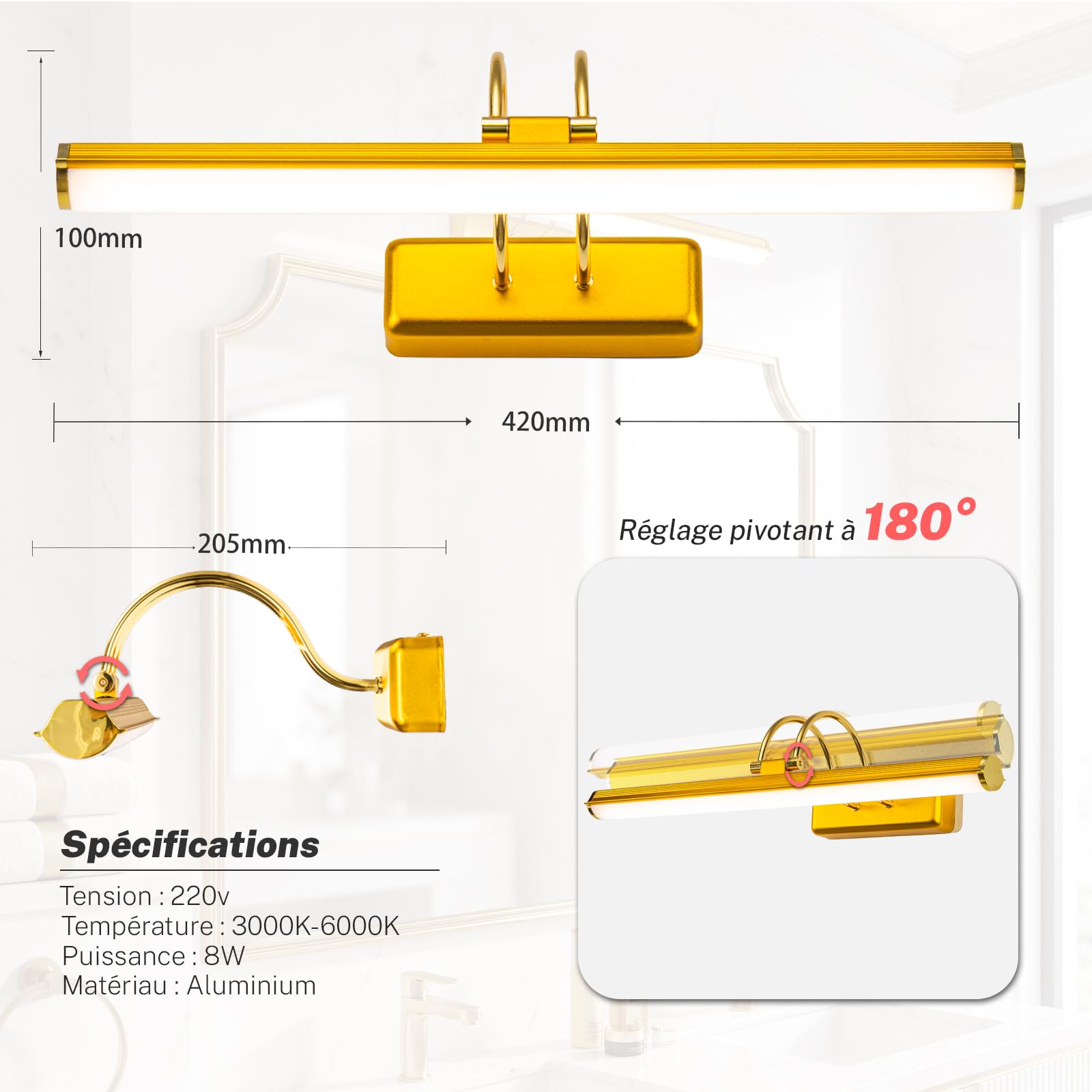 Lampada a LED per specchio da bagno, 3 temperature di colore, applique da parete sopra lo specchio, 42cm, 8W, IP44, 950 lumen, oro, illuminazione moderna per specchio, lampada da parete per specchio