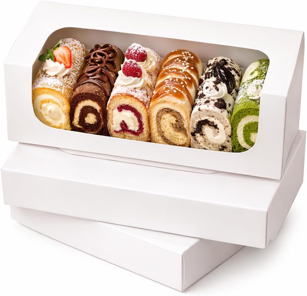 Bakery Boxes with Window 10.75 x 3.625 x 3.625 in, White 6-Corner Take Out Treat Boxes with Hinged Lid for Cookies, Donuts, Brownies & More, Pre-Glued & Microwavable, 100 Pack