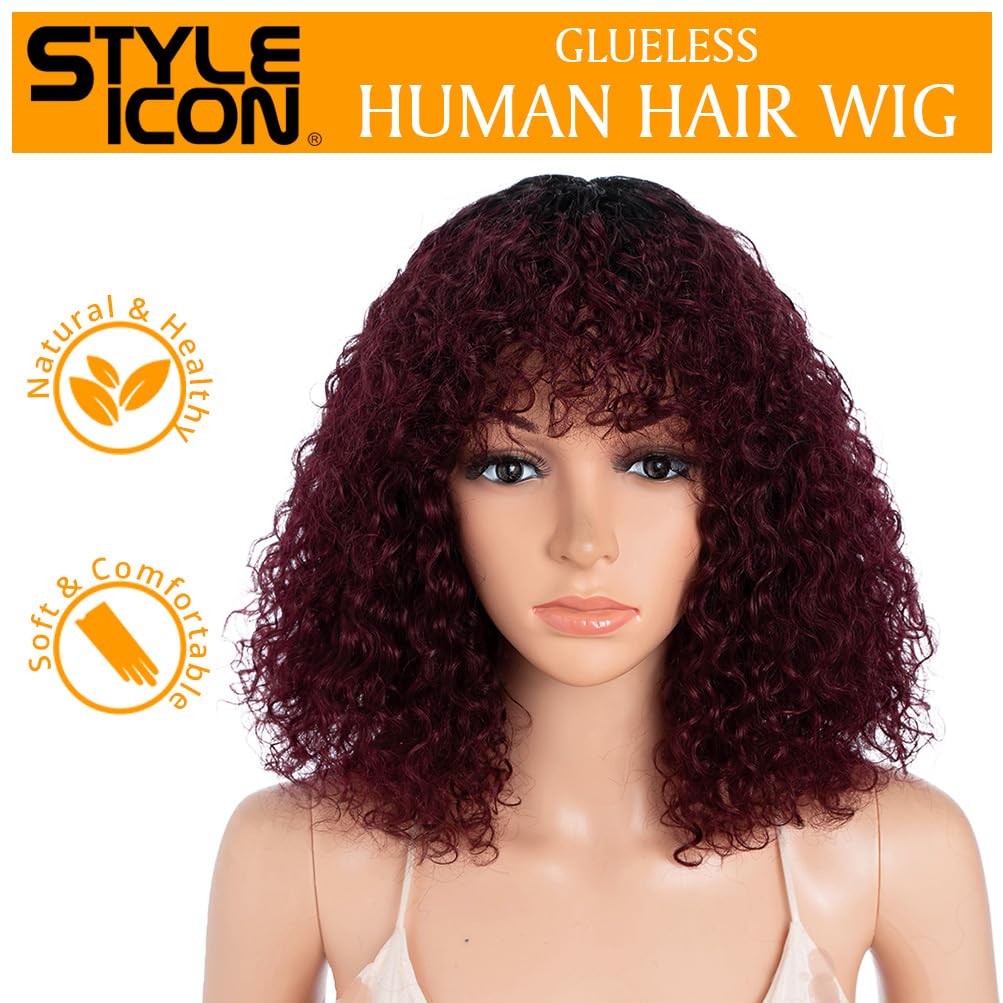 Pelucas afro de cabello humano, pelucas cortas y rizadas para mujeres negras, peluca con flequillo (12 pulgadas, TT1B/99J) 2