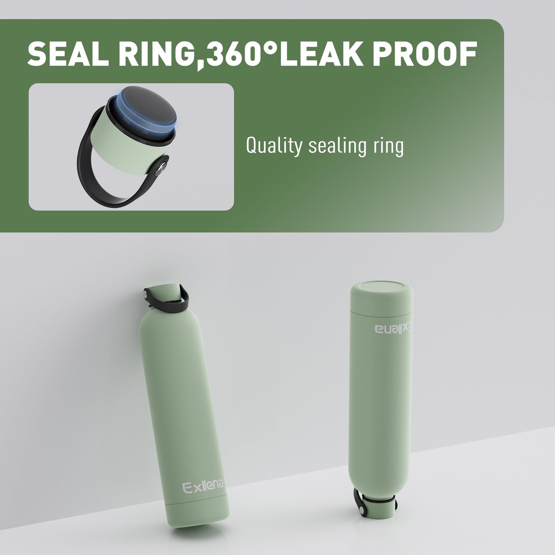 Exllena Borraccia Termica 750 ml con Maniglia e Moschettone - Bottiglia Termica 750ml Mantenere Calore/Freddo - Senza BPA - 100% A Tenuta Stagna per Escursioni, Campeggio, Viaggi...(Verde Latte)