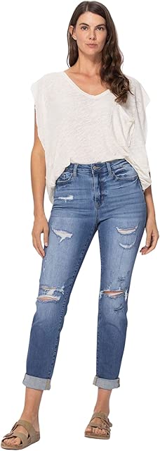 Judy Blue Women's High Waist Cuffed Destroyed Boyfriend Jeans