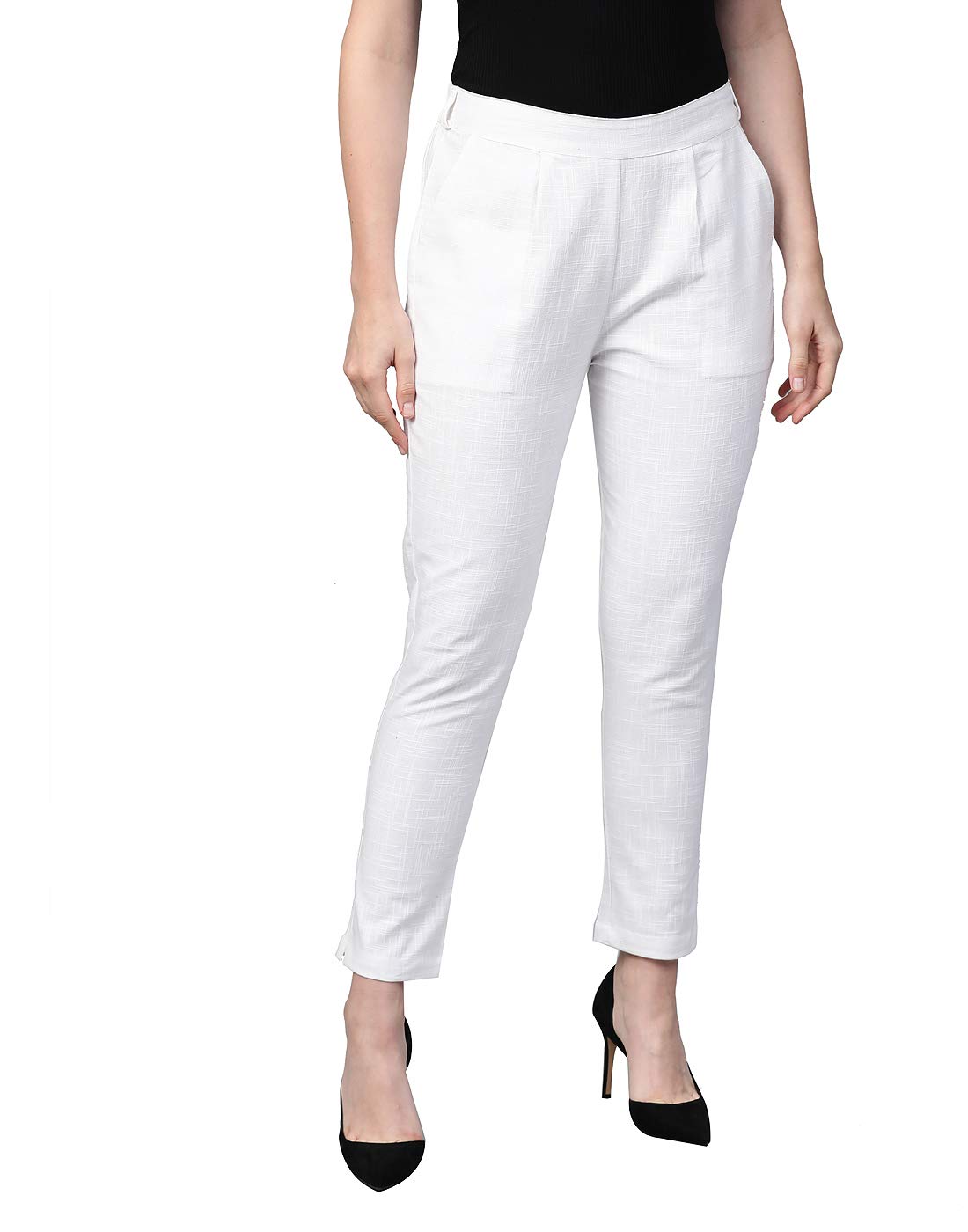 Women's Regular Fit Mid Rise Solid Cotton Slub Ankle Length Regular Trouser Pant